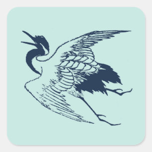 Pegatina Cuadrada Dibujo japonés vintage de una grúa, azul