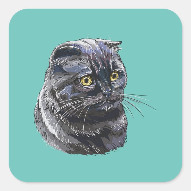 Pegatina Cuadrada Dibujo manual divertido y esponjoso gato británico (Anverso)