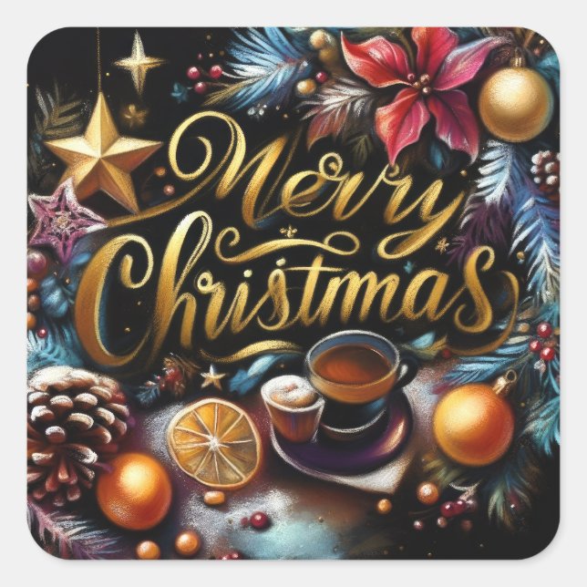 Pegatina Cuadrada Dibujo pastel de un Navidad caprichoso (Anverso)