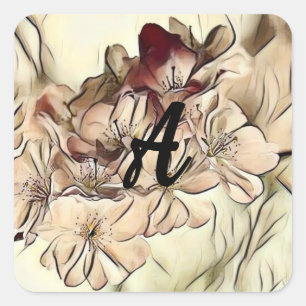 Pegatina Cuadrada Dibujo vintage de flores de cerezo marrones con mo
