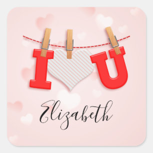 Pegatina Cuadrada Dibujo vintage de I Heart You y caligrafía de text