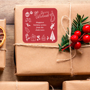 Pegatina Cuadrada Dibujos a mano alzada festivos rojos de Navidad