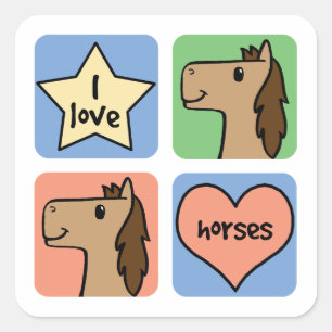 Pegatina Cuadrada Dibujos Animados Adorables Me Encantan Los Caballo
