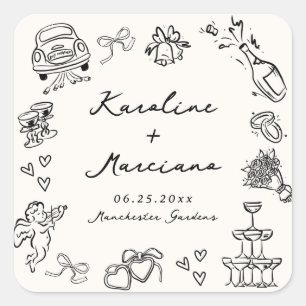 Pegatina Cuadrada Dibujos de boda caprichosos a mano