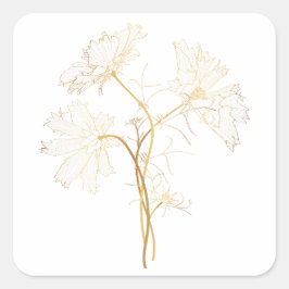 Pegatina Cuadrada Dibujos de flores de cosmos. Dorado con la línea.