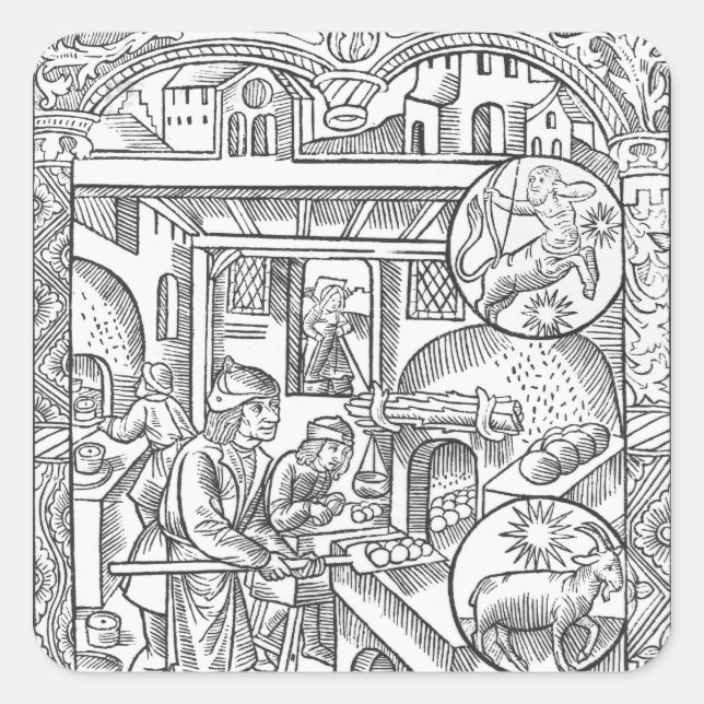 Pegatina Cuadrada Diciembre, desde el "Almanach des Bergers", 1491 (Anverso)