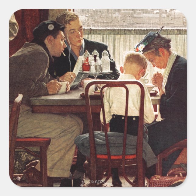 Pegatina Cuadrada Diciendo gracia por Norman Rockwell (Anverso)