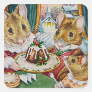 Pegatina Cuadrada Dickens Navidades Mice Plum Pudding Watercolor Art