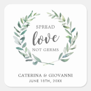 Pegatina Cuadrada Difunde Amor No Gérmenes Boda Rústica con Verde