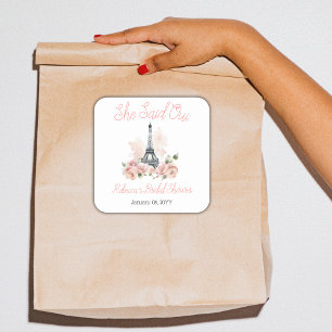 Pegatina Cuadrada Dijo Que Oui Ducha De Novias De Flores Rosadas En