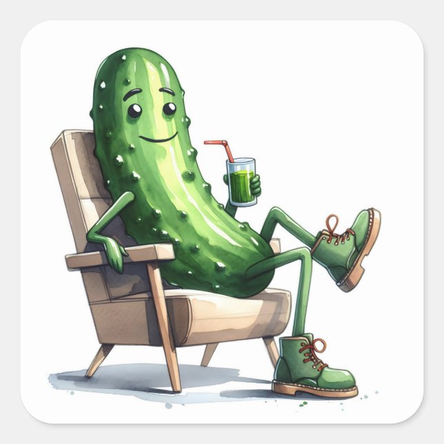 Pegatina Cuadrada Dill Pickle Relajándose en una silla (Anverso)