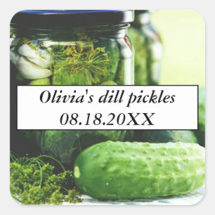 Pegatina Cuadrada Dill Pickles Mason Jars Cucumbers comida casera