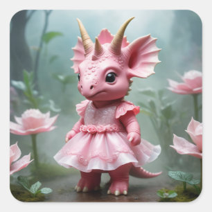 Pegatina Cuadrada Dino bebé con vestido rosa
