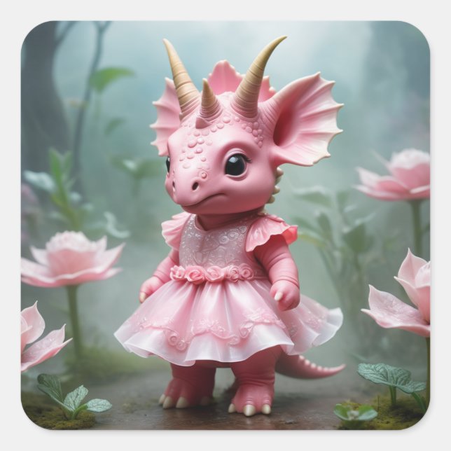 Pegatina Cuadrada Dino bebé con vestido rosa (Anverso)