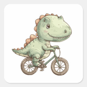 Pegatina Cuadrada Dino lindo en bicicleta