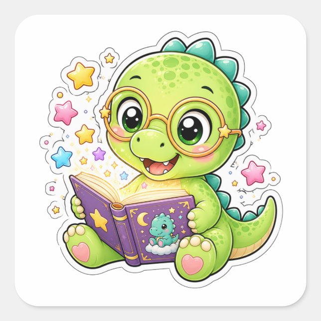 Pegatina Cuadrada Dinosaur Adorable Leyendo Libro de Cuentos (Anverso)