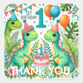 Pegatina Cuadrada Dinosaur Dino Fiesta de cumpleaños 1