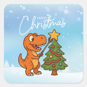 Pegatina Cuadrada Dinosaur lindo con árbol de Navidad