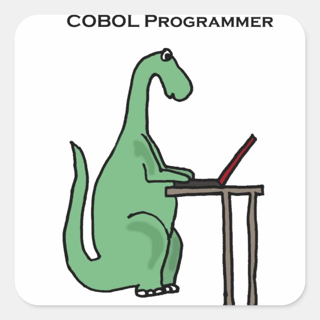 Pegatina Cuadrada Dinosaur, programador divertido de COBOL (Anverso)