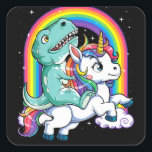 Pegatina Cuadrada Dinosaur Riding Unicorn Kids Rainbow<br><div class="desc">Dinosaur Riding Unicorn Kids Rainbow</div>