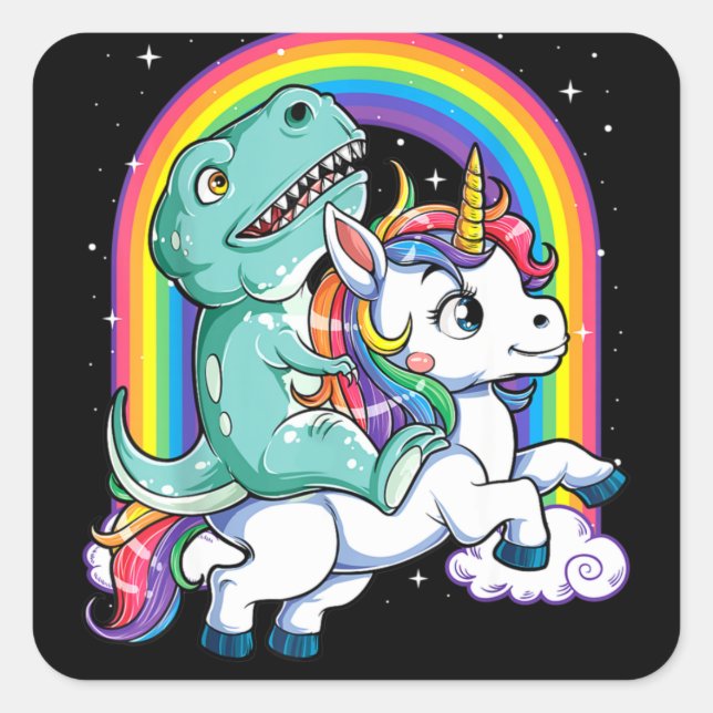 Pegatina Cuadrada Dinosaur Riding Unicorn Kids Rainbow (Anverso)