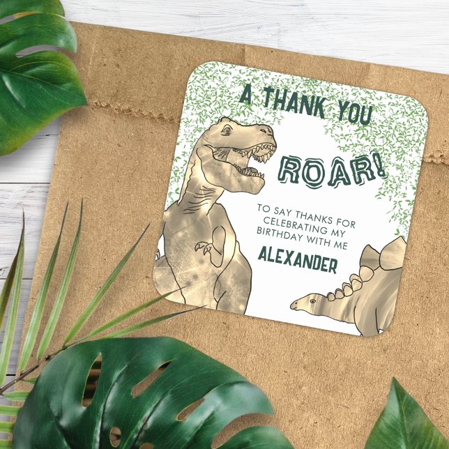 Pegatina Cuadrada Dinosaur Roar fiesta de cumpleaños gracias (T-Rex roar and stegosaurus dinosaur jungle birthday party thank you custom favor sticker add name)