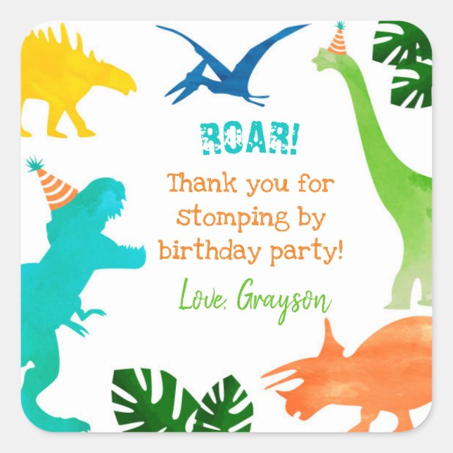 Pegatina Cuadrada Dinosaur T-rex Cumpleaños Gracias Pegatinas Labore (Anverso)