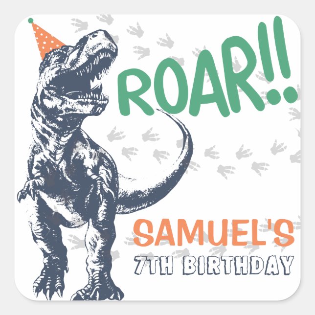 Pegatina Cuadrada Dinosaur T-Rex en fiesta de cumpleaños de Gorra Fi (Anverso)