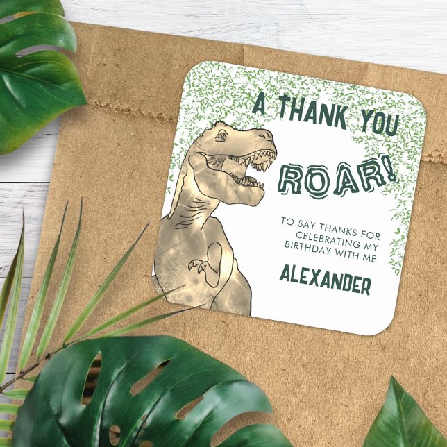 Pegatina Cuadrada Dinosaur T-Rex Roar Fiesta de Cumpleaños Gracias (T-Rex Roar dinosaur jungle birthday party thank you favor sticker modern green typography add name)