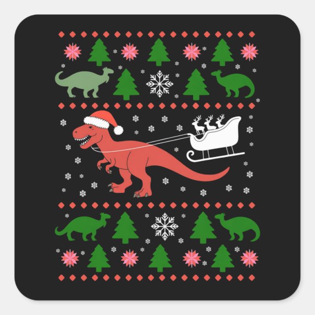 Pegatina Cuadrada Dinosaur Ugly Christmas Sweater Dino T-rex  (Anverso)