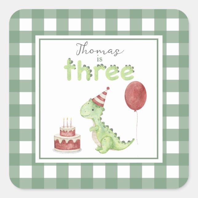 Pegatina Cuadrada Dinosaurio acuarela cumpleaños 3 (Anverso)