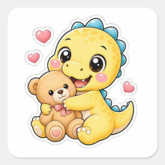 Pegatina Cuadrada Dinosaurio Adorable Abraza Oso de Peluche