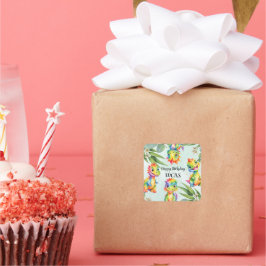 Pegatina Cuadrada Dinosaurio arcoiris mágico lindo Fiesta de cumplea