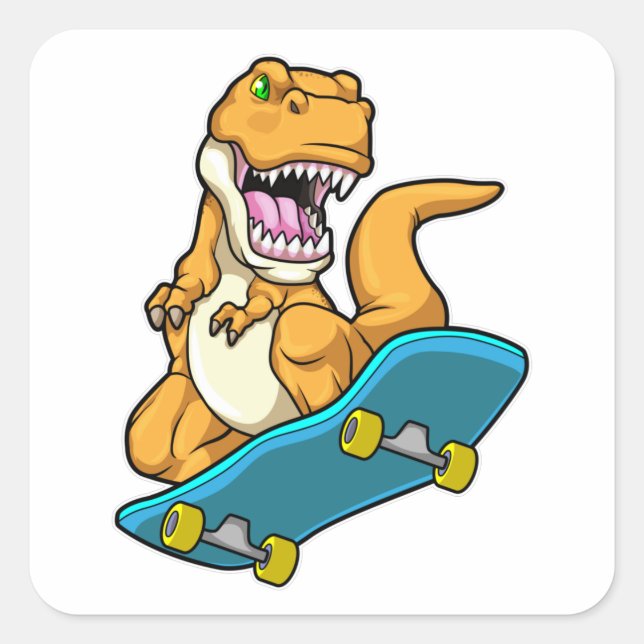 Pegatina Cuadrada Dinosaurio como patinador con patineta (Anverso)