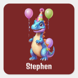 Pegatina Cuadrada Dinosaurio de cumpleaños azul lindo
