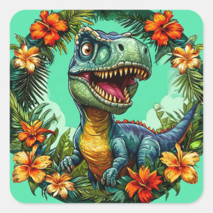 Pegatina Cuadrada Dinosaurio de dibujos animados y flores tropicales