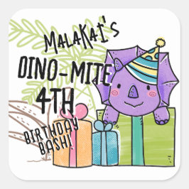 Pegatina Cuadrada Dinosaurio de la fiesta de cumpleaños del niño Din