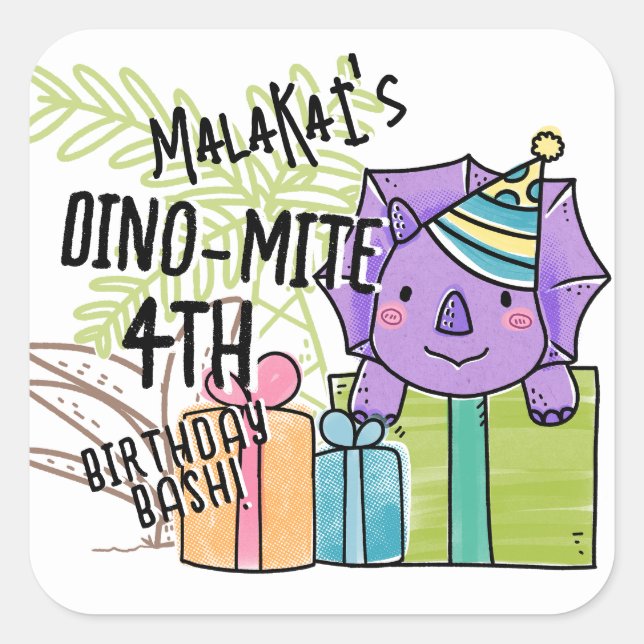Pegatina Cuadrada Dinosaurio de la fiesta de cumpleaños del niño Din (Anverso)