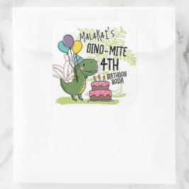 Pegatina Cuadrada Dinosaurio de la fiesta de cumpleaños del niño Din
