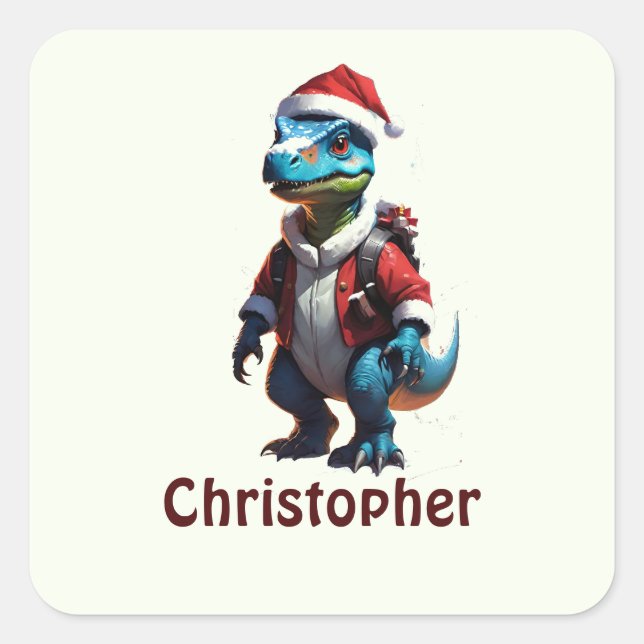 Pegatina Cuadrada Dinosaurio de los Navidades azules (Anverso)