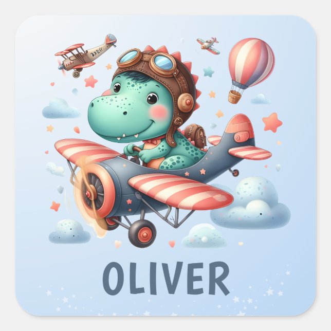 Pegatina Cuadrada Dinosaurio de Trex que vuela un avión encantador (Anverso)