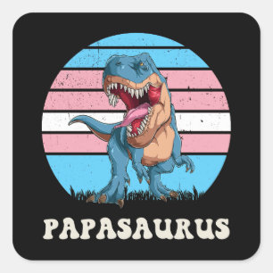 Pegatina Cuadrada Dinosaurio divertido de Papasauro al atardecer tra
