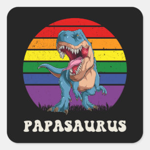 Pegatina Cuadrada Dinosaurio divertido del Papasauro sobre la bander