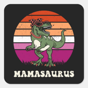 Pegatina Cuadrada Dinosaurio divertido Mamasauro sobre puesta de sol