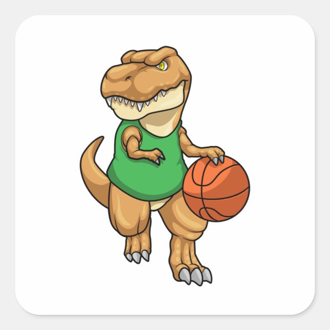 Pegatina Cuadrada Dinosaurio en Deportes con Baloncesto (Anverso)