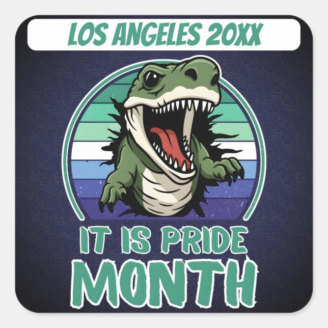 Pegatina Cuadrada Dinosaurio En El Fondo De La Bandera Gay (Anverso)