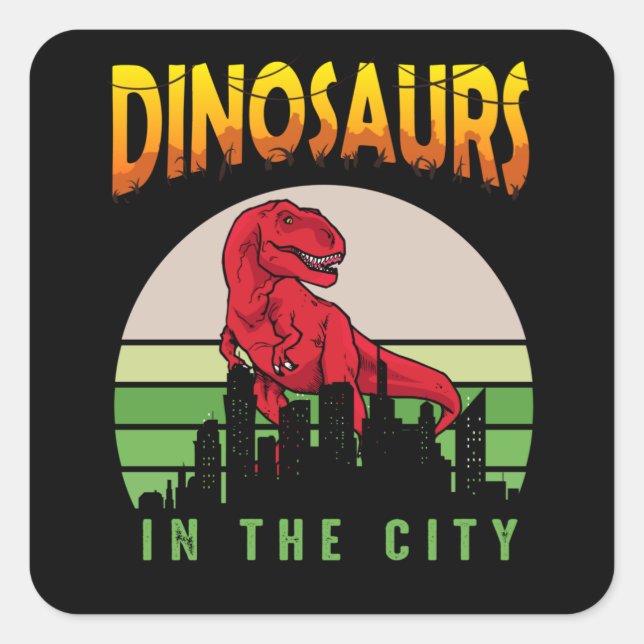 Pegatina Cuadrada Dinosaurio en la ciudad | Diseño de dinosaurios (Anverso)