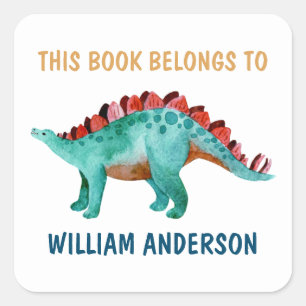 Pegatina Cuadrada Dinosaurio: Escuela "Este libro pertenece"