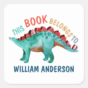 Pegatina Cuadrada Dinosaurio: Escuela "Este libro pertenece"