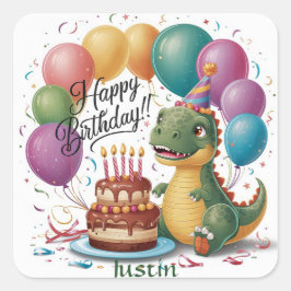 Pegatina Cuadrada Dinosaurio Feliz cumpleaños
